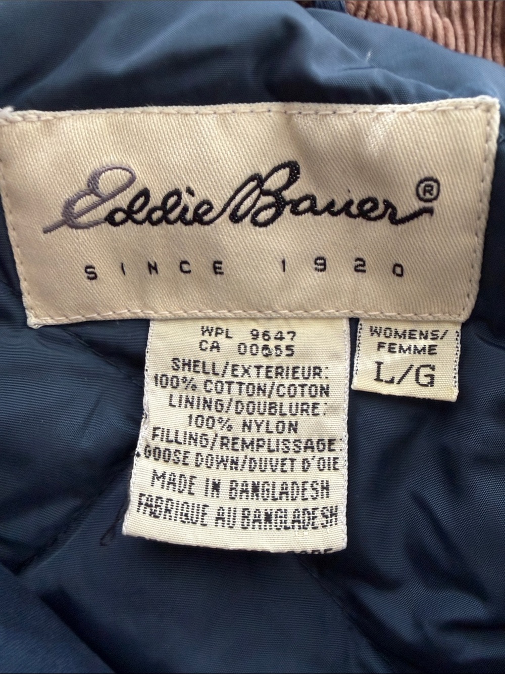 Vintage Eddie Bauer Goose Down Barn Coat Navy Corduroy Collar Women’s L